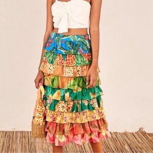 Farm Rio Tropical Tiered Ruffle Midi Skirt